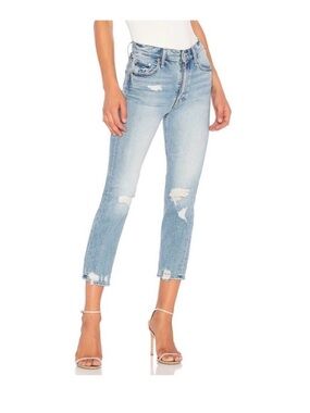 MOTHER Light Blue Distressed High-Rise Cropped Jeans